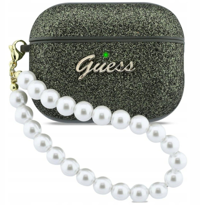 Mbulesë kufjesh Guess Glitter Pearl Strap për AirPods Pro 3, plastike, me varëse dekorative, e zezë me shkëlqim