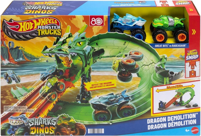 Set loje Hot Wheels Monster Trucks Dragon Demolition, Sharks vs Dinos, 2 kamionë 1:64, shumëngjyrësh