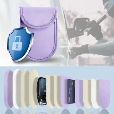 Këllëf Faraday Tech‑Protect KLR100, bllokon RFID‑në për çelësa keyless, mbyllet me shirit ngjitës, ngjyrë livandë