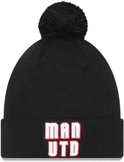 Зимска капа Manchester United FC Wordmark Bobble, за деца, со помпон, црна