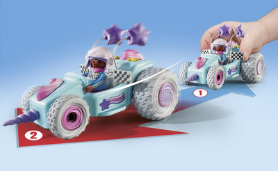 Lodër Playmobil Racing Kart Unicorn 71635, makinë me tërheqje, shumëngjyrëshe