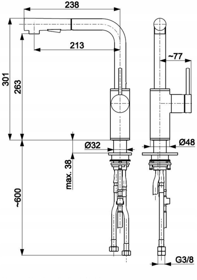 Rubinet kuzhine KFA Duero Basic, gryka tërheqëse, çelik inox, bakër i furçuar