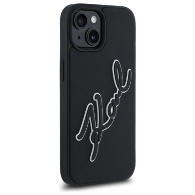 Kapak telefoni Karl Lagerfeld 3D Rubber Signature për iPhone 15 6.1", nga TPU, PC edhe silikon, i zi