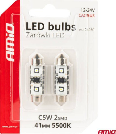 Llambë LED CANBUS AMiO C5W 04250, 41mm, 12SMD 12/24V, dritë e bardhë