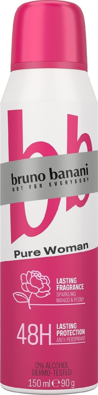 Deodorant spraj Bruno Banani Pure Woman, kundër djersës 48 orë, 150 ml, erë mango edhe pioni, i bardhë