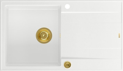 Lavabo kuzhine Ferro GraniteQ EVAN 111, 1 enë, sifon Push 2 Open, 860x500x210mm, e bardhë snow white me elemente ari