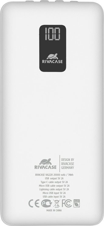 Powerbank Rivacase VA2220, 20000mAh, me kabllo të futme, e bardhë