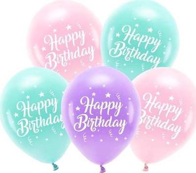 Balona eco latex Happy Birthday, 26cm, biodegraduese, 5 copë, shumëngjyrëshe pastel