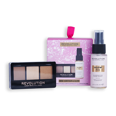 Set grimi Revolution Mini Contour & Glow, sprej për fiksimin e grimit + pelatë për konturë