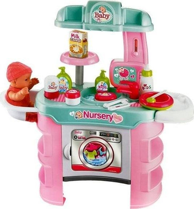 Set loje kujdesi për bebe LeanToys Baby Care, tavolinë me lavatriçe, aksesorë kozmetike, rozë e gjelbër