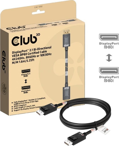 Kабел DisplayPort Club 3D CAC-xxx, 1.6m, DP 2.1 Bi-Directional, црн