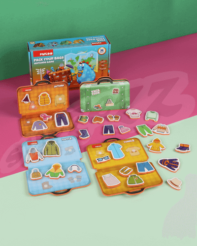 Loja edukative Puedo Pack Your Bags Matching Game, me valixhe, copa veshjesh prej shkumë, shumëngjyrëshe