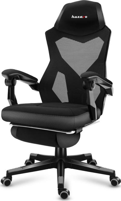Гејминг стол Huzaro Combat 3.0 Carbon, мрежест потпирач за грб, потпирач за нозе, црн