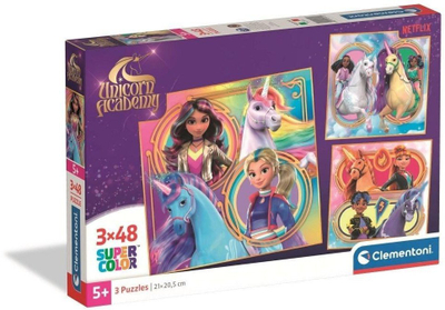 Puzzle Clementoni Unicorn Academy, set 3x48 copa, 5 vjeç e sipër, shumëngjyrësh