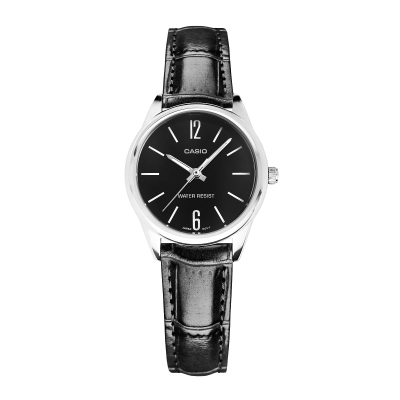 Ore dore Casio LTP-V005L-1BUDF, analoge, për femra, rrip lëkure, e zezë