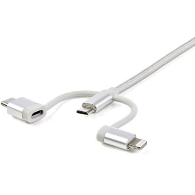 Kabllo karikimi StarTech 3 në 1, USB A në Micro USB USB C Lightning, 1m, ngjyrë argjendtë
