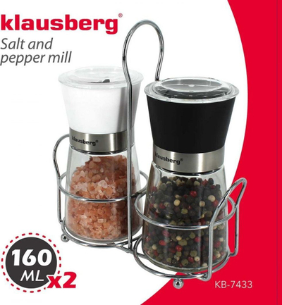 Set mulli për kripë edhe piper Klausberg KB-7433, mekanizëm qeramik, trup prej xhami, ngjyrë argjendtë