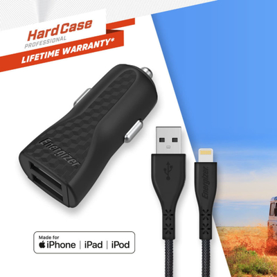 Karikues makine Energizer Car Charger, 2x USB, kabllo Lightning 1.2m, i zi