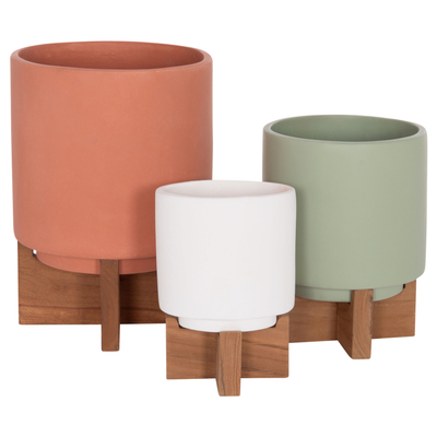 Set vazo dekorative TANTI HM4685, 3 copë, fiber cement, me bazë druri tik, shumëngjyrëshe