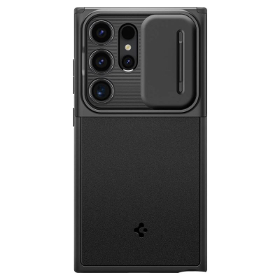 Mbrojtëse telefoni Spigen Optik Armor për Samsung Galaxy S24 Ultra, kapak rrëshqitës për kamerë, TPU e fortë, e zezë