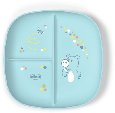 Set enë dhe lugë piruni për fëmijë Chicco, 3 pjesë, 12m+, blu