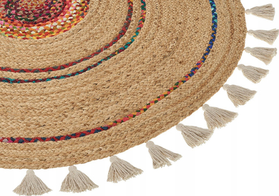 Qilim rrumbullak jute pa markë, 140 cm, boho me thupra dekorative, bezhë shumëngjyrësh