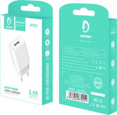 Karikues muri Denmen DC01, USB 2.4A, 12W, i bardhë