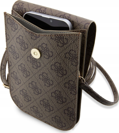 Çantë telefoni Guess 4G Neck Case Phone Bag, lëkurë Saffiano, me rrip rreth qafe, bezhë me ari