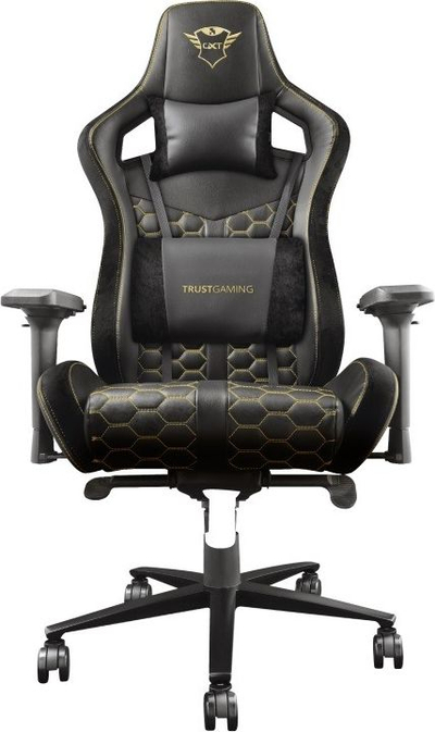 Karrige gaming Trust GXT 712 Resto Pro, mban deri 150 kg, me mbështetëse 4D, e zezë me detaje në ar