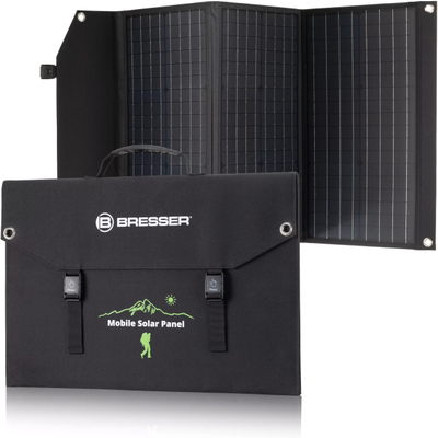 Пренослив соларен полнач BRESSER Mobile Solar Charger 90W, излез USB, излез DC, црн
