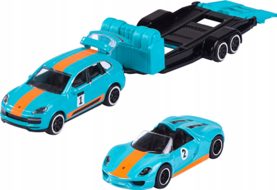Set lodrash Majorette Porsche Taycan Turbo S 917, me rimorkio gare, metalik, i kuq