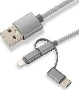 Kabllo USB CoreParts MOBX-ACC-003, USB-A në USB-C microUSB Lightning, 1m, gri