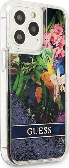 Mbulesë telefoni Guess Flower Liquid Glitter, për iPhone 13 Pro 13 6.1", plastike e fortë, blu
