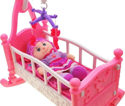 Djep lodër për kukulla Baby Bed ZA1668, me karusel, set gjërash, rozë
