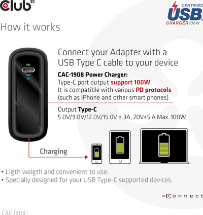 Karikues udhëtimi Club 3D CAC-1908, 100W GaN, USB Type C PD 3.0, i zi
