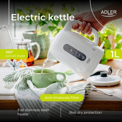 Ibrik elektrik Adler AD 1380w, 1.0L, plastik, i bardhë