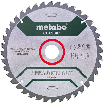 Teh sharre rrethore Metabo Precision Cut Wood 628652000, 216mm, 40 dhëmbë, ngjyrë argjendtë