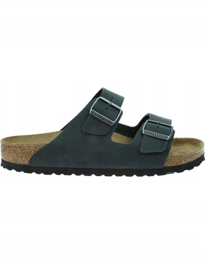 Sandale Birkenstock Arizona, lëkurë e zezë e vajosme, shollë e formume për këmbë