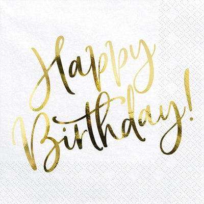 Serveta letre për ditëlindje Happy Birthday, set 20 copë, të bardha me të artë