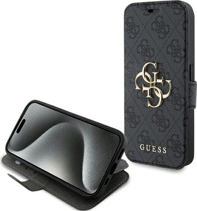 Mbështjellës telefoni Guess GUBKP15L4GMGGR, për iPhone 15 Pro 6.1", gri, me logo metalike 4G