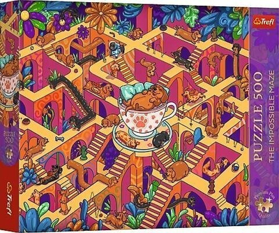 Puzzle Trefl The Impossible Maze Cheerful Dachshunds, 500 copa, seri Timeless Themes, shumëngjyrësh