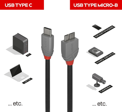 Kabllo USB Lindy Anthra Line, USB C me Micro B, USB 3.2, 3m, e zezë