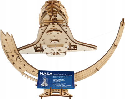 Puzzle druri Ugears NASA Space Shuttle Discovery, model mekanik 3D, shkalla 1:96, ngjyrë druri natyrale