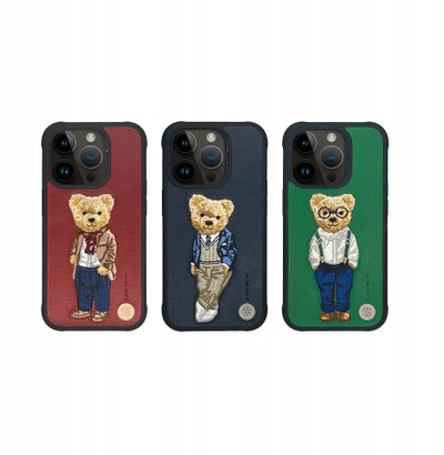 Futera telefoni Zuck Bear London Classic Mayfair Swank, për iPhone 15 Pro Max, imitim lëkure navy, korniza silikoni të zeza