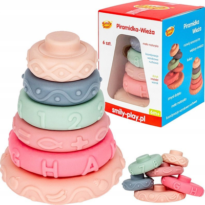 Lodër piramidë Smily Play Pyramid Tower, 6 unaza, pastel, shumëngjyrëshe