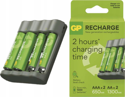 Karikues baterish GP Batteries GP Recharge B441 me USB, set me 2 bateri AA 2100mAh edhe 2 bateri AAA 800mAh