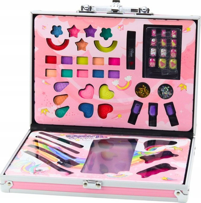 Set kozmetike për kalamajtë Lean Toys Unicorn, valixhe 30x23x6.5cm, 3+ vjeç, rozë me shumë ngjyra