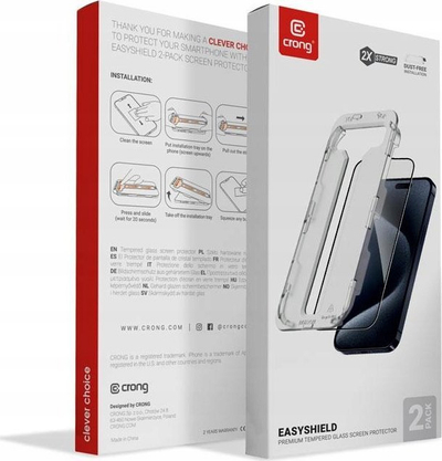 Xham mbrojtës Crong EasyShield, 2 copë, për iPhone 16 edhe iPhone 15, transparent