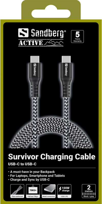 Kабел USB-C Sandberg Survivor, 2 m, 100W, црн
