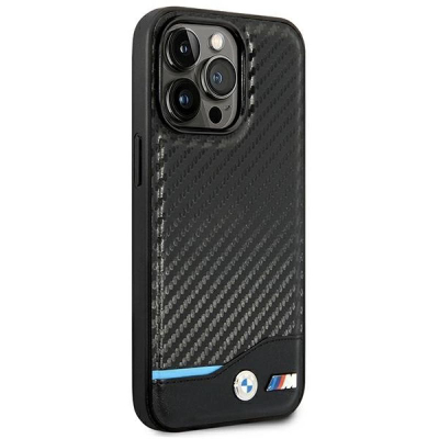 Mbulesë telefoni BMW M Collection për iPhone 14 Pro Max, lëkurë PU me efekt karboni, mbrojtëse, e zezë me vijë blu